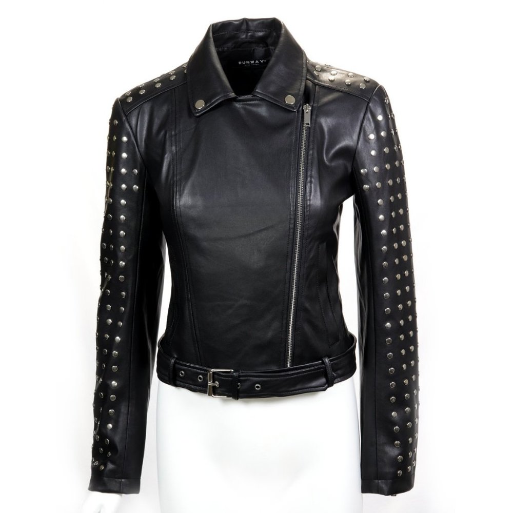 RUNWAY Black Studded Leatherette Biker Jacket